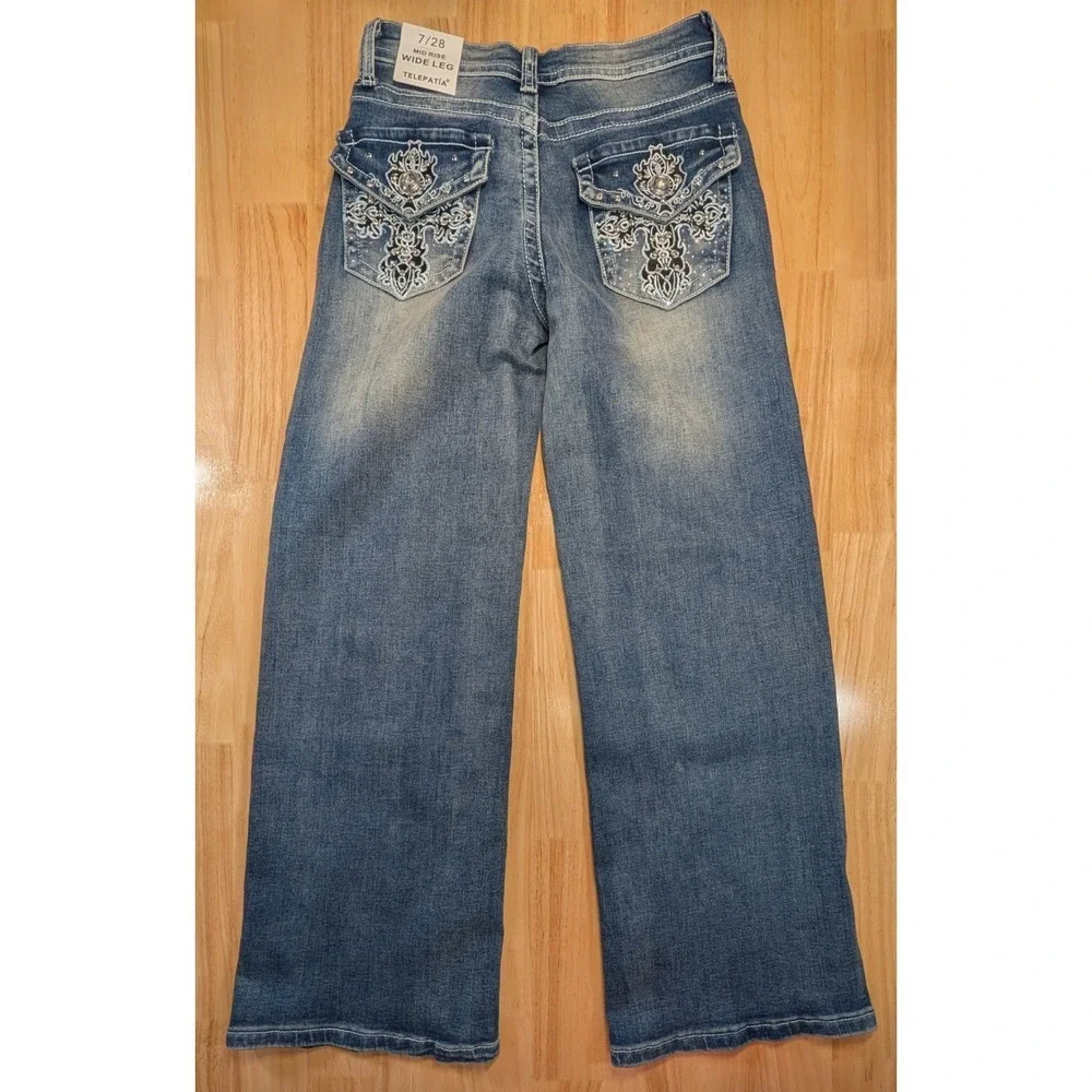 Telepatia Wide Leg Jeans Blue Denim Rhinestone Button GR25015 Mens Size 7/28 NEW